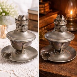 Antique Metal Chamberstick Oil Lamp, PAT’D Burner, Finger Lamp | c. 1890–1910